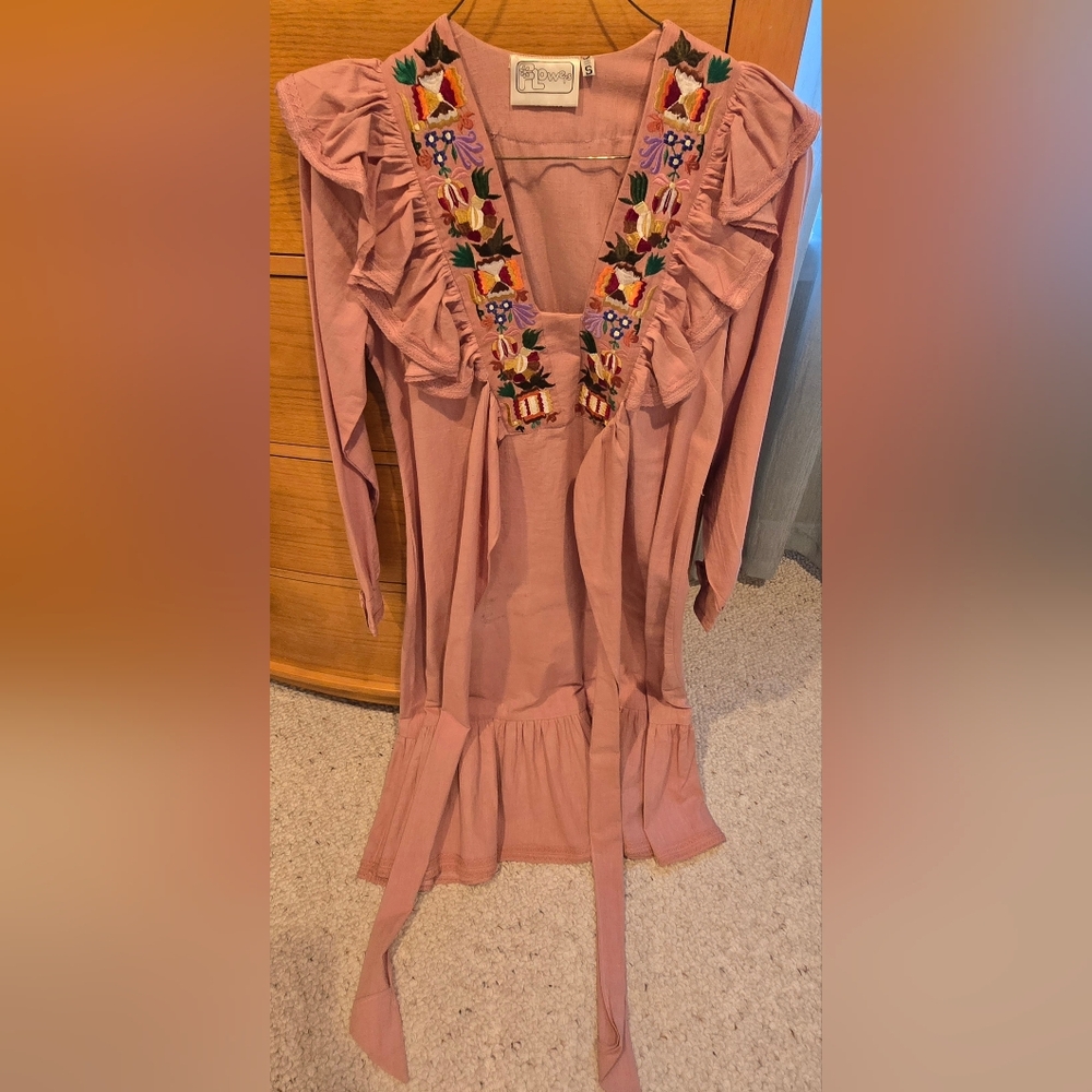 💕FLOWERS, like new Embroidered Cotton Clay Dress, Flowy, Women's S